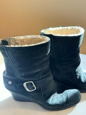 UGG Black Suede Shearling-Lined Wedge Booties